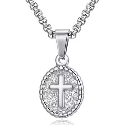 Mendes Zilverkleurige Heren Ketting met Ovale Kruis Hanger