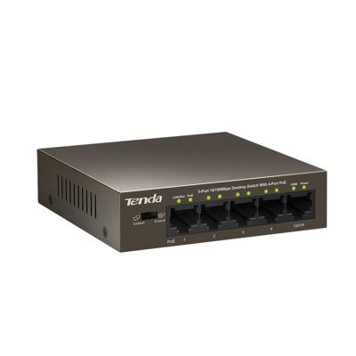 Tenda TEF1105P-4-63W 5-poorts snel ethernet PoE switch 10/100 Mbit/s desktopswitch met 4-poorts PoE, 63 watt, extra 1x uplink, full duplex, metalen behuizing, 250 meter, plug & play
