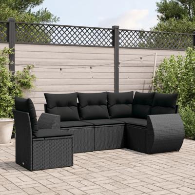 5-delige Loungeset met kussens poly rattan zwart - thumbnail