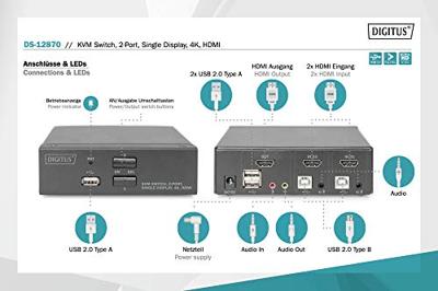 Digitus DS-12870 KVM-switch 2 + 1 poorten HDMI Afstandsbediening, Toetsenbord 3840 x 2160 Pixel