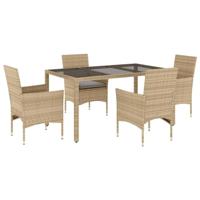 5-delige Tuinset met kussens poly rattan en glas beige - thumbnail