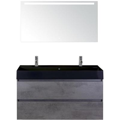 Maxx XL Badmeubelset 120 cm - Beton Antrac - Wastafel Kube Enkel Zwart 2 Kraangaten met LED Spiegel
