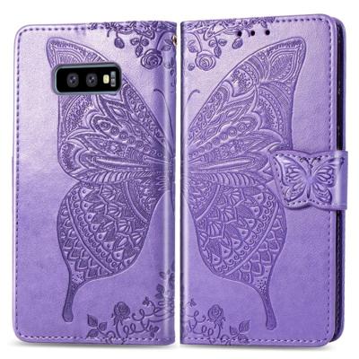 Butterfly Love bloemen reliëf horizontale Flip lederen case voor Galaxy S10e met houder & kaartsleuven & portemonnee & Lanyard (licht paars)