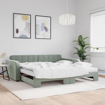 Slaapbank onderschuifbed matrassen 100x200cm fluweel lichtgrijs