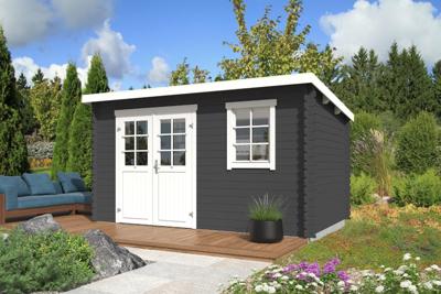 Outdoor Life Amira Blokhut 400x250 cm 28 mm vuren Carbon Grey-Wit gecoat- Lessenaarsdak- - Outdoor Life