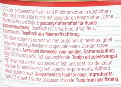 GimDog Pure Delight tonijn en rund - Eiwitrijke hondensnack, met malse vis in heerlijke gelei - 12 blikken (12 x 85 g)