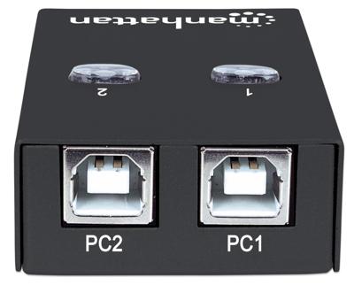 Manhattan USB-A automatische sharing switch, 2× USB-B, 480 Mbps (USB 2.0), dubbele bediening (auto-sensing of handmatig), USB-gevoed (geen externe voeding vereist), incl. 1× 1,5 m USB-A naar USB-B kabel