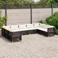 9-delige Loungeset met kussens poly rattan zwart - thumbnail