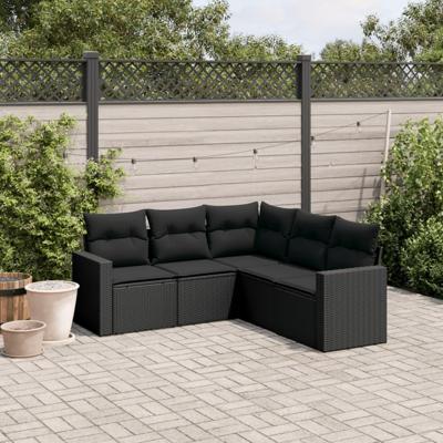 5-delige Loungeset met kussens poly rattan zwart