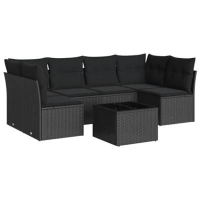 7-delige Loungeset met kussens poly rattan zwart