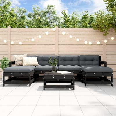 7-delige Loungeset met kussens massief hout zwart