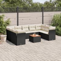 10-delige Loungeset met kussens poly rattan zwart - thumbnail