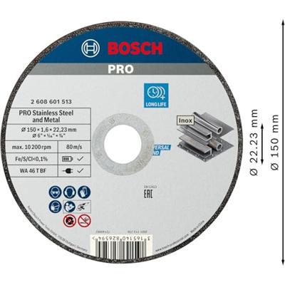 Bosch Accessoires PRO Stainless Steel and Metal Bonded Cutting Disc | 150 x 1.6 x 22.23 mm | Straight - 2608601513