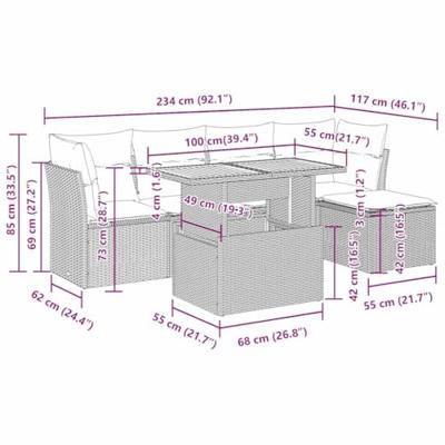6-delige Loungeset met kussens poly rattan grijs