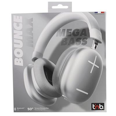 T'nB Bounce Max - Draadloze hoofdtelefoon voor over het oor, comfortabel en betoverend, met bluetooth-verbinding, stereogeluid met geïntegreerde microfoon, batterijduur tot 50 uur - zilver