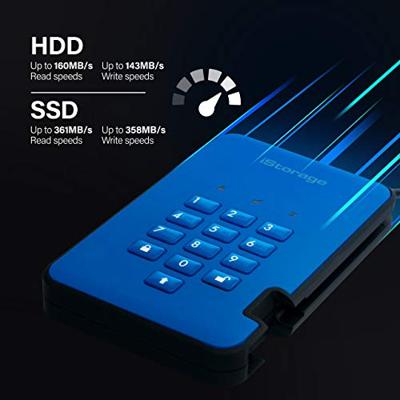 iStorage diskAshur2 SSD 128GB Blauw - Veilige draagbare Solid State Drive - Beveiligd met een wachtwoord - Stofdicht en waterdicht - Hardwarematige versleuteling