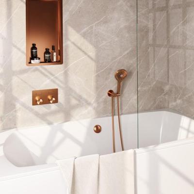 Brauer Stripe thermostatische inbouw badkraan met drukknoppen SET 04 met badvulcombinatie en 3-standen handdouche en doucheslang en wandaansluitbocht koper geborsteld PVD
