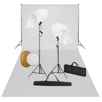 Fotostudioset met lampen, paraplu's, achtergrond en reflector - thumbnail
