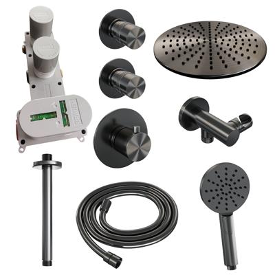 BRAUER Gunmetal Edition thermostatische inbouw regendouche SET 12 met 30 cm douchekop en plafondarm en 3-standen handdouche en doucheslang en wandaansluitbocht gunmetal geborsteld PVD