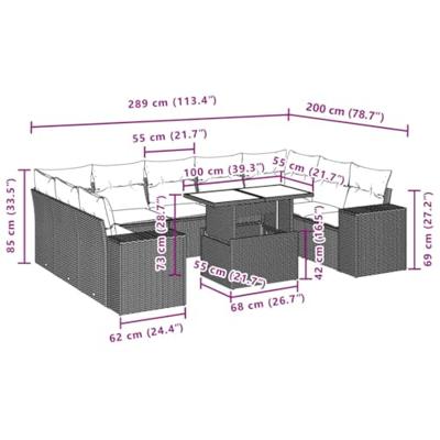 10-delige Loungeset met kussens poly rattan lichtgrijs