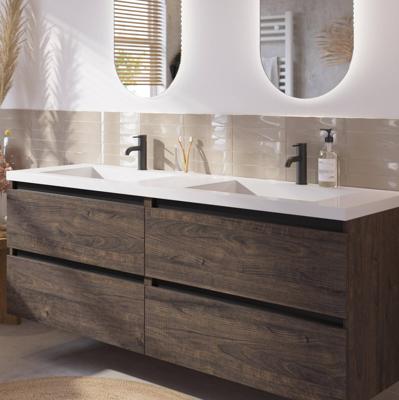 Saqu Gaia badmeubel incl. dubbele glans witte wastafel 160x52x64cm kasteel bruin - zwarte greeplijst