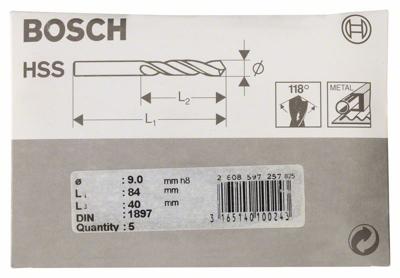 Bosch Accessories 2608597257 HSS Metaal-spiraalboor 9 mm Gezamenlijke lengte 84 mm Rollenwals DIN 1897 Cilinderschacht 5 stuk(s) Bosch Accessories 2608597257 HSS Metaal-spiraalboor 9 mm Gezamenlijke lengte 84 mm Rollenwals DIN 1897 Cilinderschacht 5 stuk(s)