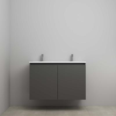 On-Line Onderkast - 100 cm - Voorgemonteerd - Greeploos 2 Deuren - Acryl Wastafel - 2 Kraangaten - Mat Antraciet