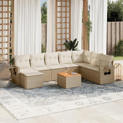 9-delige Loungeset met kussens poly rattan beige