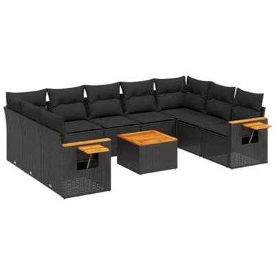 10-delige Loungeset met kussens poly rattan zwart