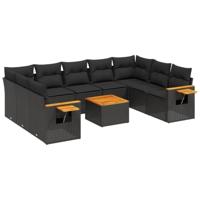 10-delige Loungeset met kussens poly rattan zwart - thumbnail