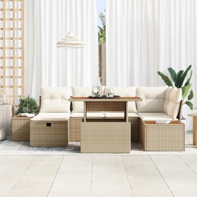 7-delige ligbed set met kussens in beige poly rattan en acacia