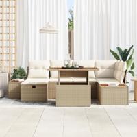 7-delige ligbed set met kussens in beige poly rattan en acacia - thumbnail