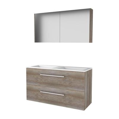 Basic-Line Comfort 46 Badkamermeubelset - 120 x 46 cm - Met Grepen - 2 Lades - Acryl Wastafel - Zonder Kraangat - Spiegelkast - Scotch Oak