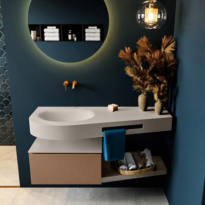 MONDIAZ RIVA 120cm badmeubel onderkast / planchet kleur Rust met 1 lade. Wastafel DULCET links 0 kraangaten kleur Linen.