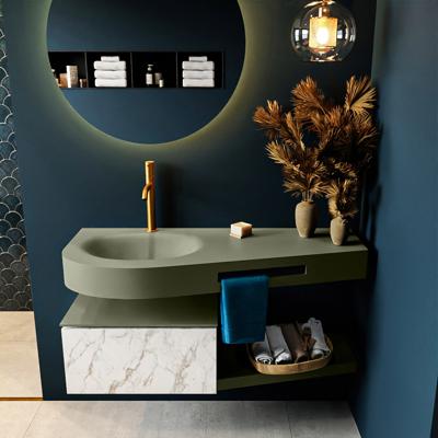 MONDIAZ RIVA 120cm badmeubel onderkast / planchet kleur carrara met 1 lade. Wastafel DULCET links 1 kraangat kleur Army.