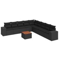 10-delige Loungeset met kussens poly rattan zwart - thumbnail