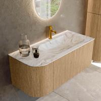 Mondiaz KURVE-DLUX 105 cm Onderkast Greeploos 1 Lade Met Deuren Oak, Wastafel Solid Surface Rechts Glace 1 Kraangat Zonder Spiegel (KRVBGS105L1L1D1KR-Oak/Gla) - thumbnail