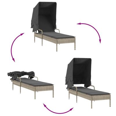 Ligbedden 2 st met luifels en tafel poly rattan lichtgrijs - thumbnail