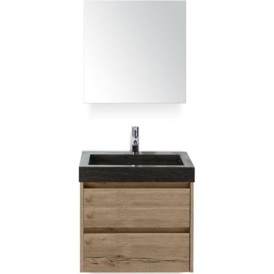 Dante Badmeubelset 60 cm - Natuur Eiken - Wastafel Hardsteen Wit Lucca met Spiegelkast