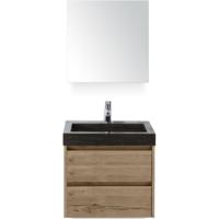 Dante Badmeubelset 60 cm - Natuur Eiken - Wastafel Hardsteen Wit Lucca met Spiegelkast - thumbnail