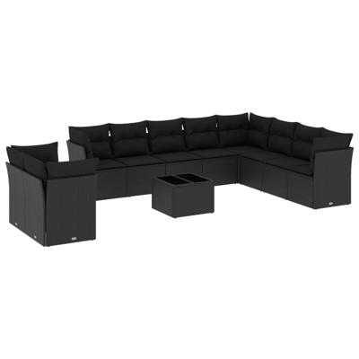 10-delige Loungeset met kussens poly rattan zwart - thumbnail
