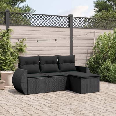 5-delige Loungeset met kussens poly rattan zwart - thumbnail