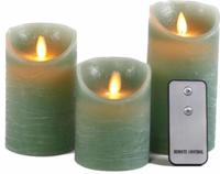 Anna's Collection LED kaars flame effect rustiek set 7.5 cm jade groen 3 stuks - thumbnail