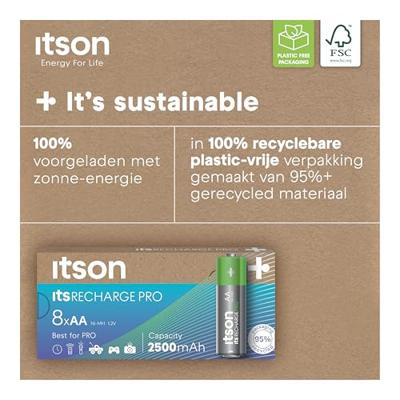 ITSON, gebruiksklare AA Pro oplaadbare NiMH-batterijen, 2500 mAh, verpakking van 8, ideaal voor camera's, gamecontrollers, kinderspeelgoed, HHR6-2500IT/8CP