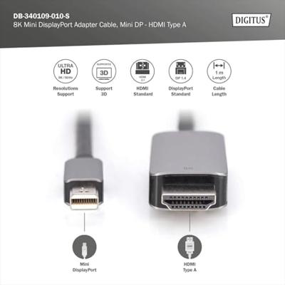 Digitus DB-340109-010-S DisplayPort-kabel DisplayPort / Mini-displayport Aansluitkabel DisplayPort-stekker, Mini DisplayPort-stekker 1 m Zwart Flexibel,