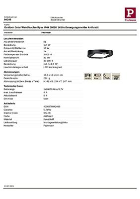 Paulmann 94246 Ryse Wandlamp op zonne-energie met bewegingsmelder Energielabel: G (A - G) 1.2 W Warmwit Antraciet