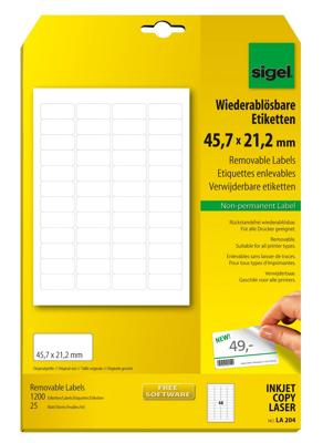 Sigel LA204 Universele etiketten 45.7 x 21.2 mm Papier Wit 1200 stuk(s) Weer verwijderbaar Inkjet, Laser (zwart/wit), Laser (kleur), Kopiëren (zwart/wit), Sigel LA204 Universele etiketten 45.7 x 21.2 mm Papier Wit 1200 stuk(s) Weer verwijderbaar Inkjet, Laser (zwart/wit), Laser (kleur), Kopiëren (zwart/wit),
