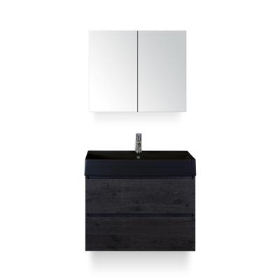 Maxx XL Badmeubelset 80 cm - Black Oak - Wastafel Kube Zwart 1 kraangat - met Spiegelkast