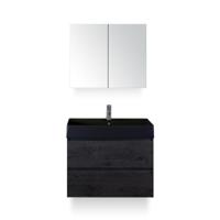 Maxx XL Badmeubelset 80 cm - Black Oak - Wastafel Kube Zwart 1 kraangat - met Spiegelkast - thumbnail