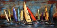 Schilderij - Handgeschilderd Metaalschilderij- Gekleurde zeilboten, 140x70cm - thumbnail